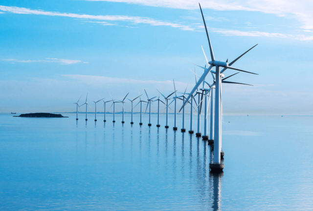 Coastal wind turbines in a row