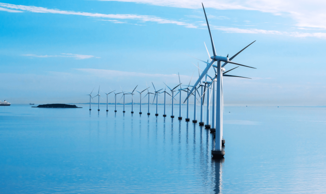 Coastal wind turbines in a row